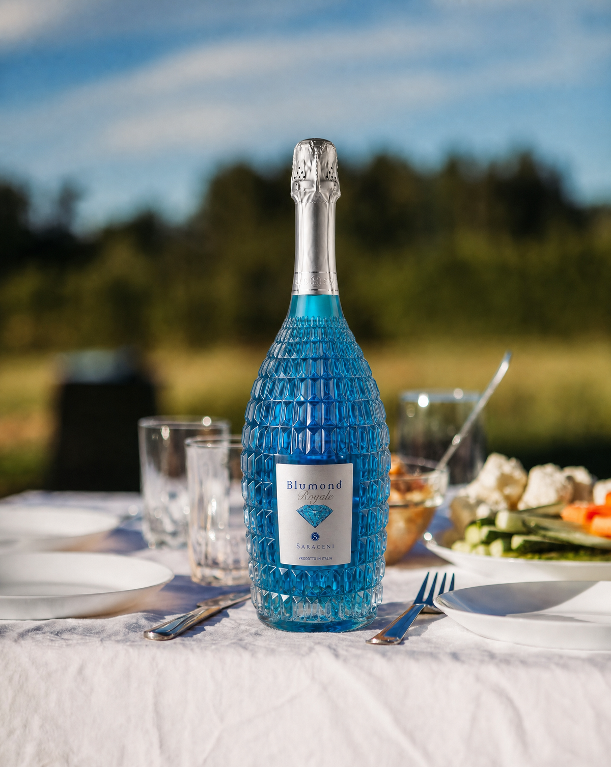 Blumond Royale — bright blue sparkling sweet wine, 750ml, Saraceni Wines (lifestyle image)