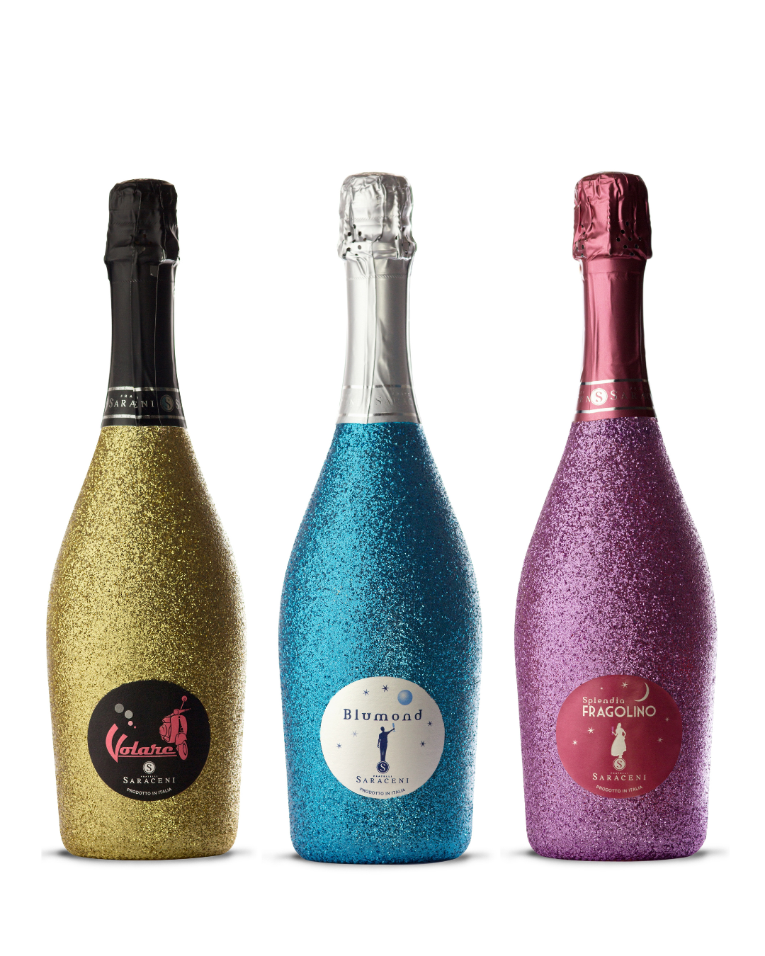Diamond Dust — sparkling sweet wine trio with glitter, 3 x 750ml bottles, Saraceni Wines