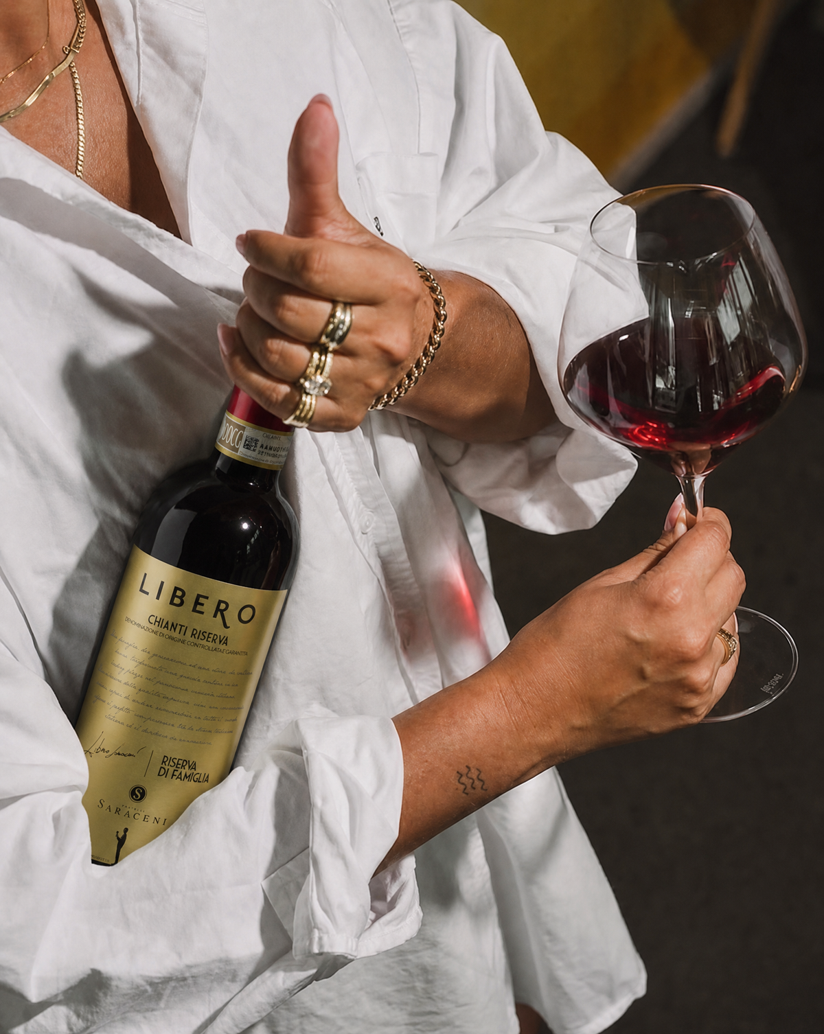 Libero Riserva di Famiglia — ruby red dry Chianti reserve red wine, 750ml, Saraceni Wines (lifestyle image)